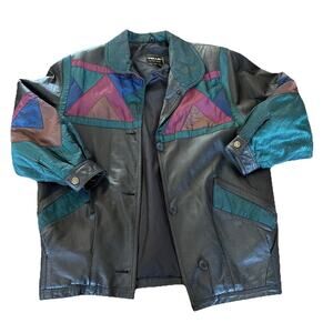 Vintage Pelle Jacket Women’s S Leather Colorblock Abstract Patchwork Coat 90s